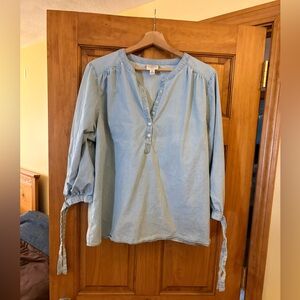 St. John's Bay Light Blue Linen Tie Sleeve Women's Blouse Top